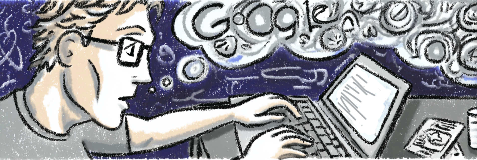 BlogSearch - Runcible Content Blogger sittiing at laptop with large thought bubble containing abstract shapes plus the name Google