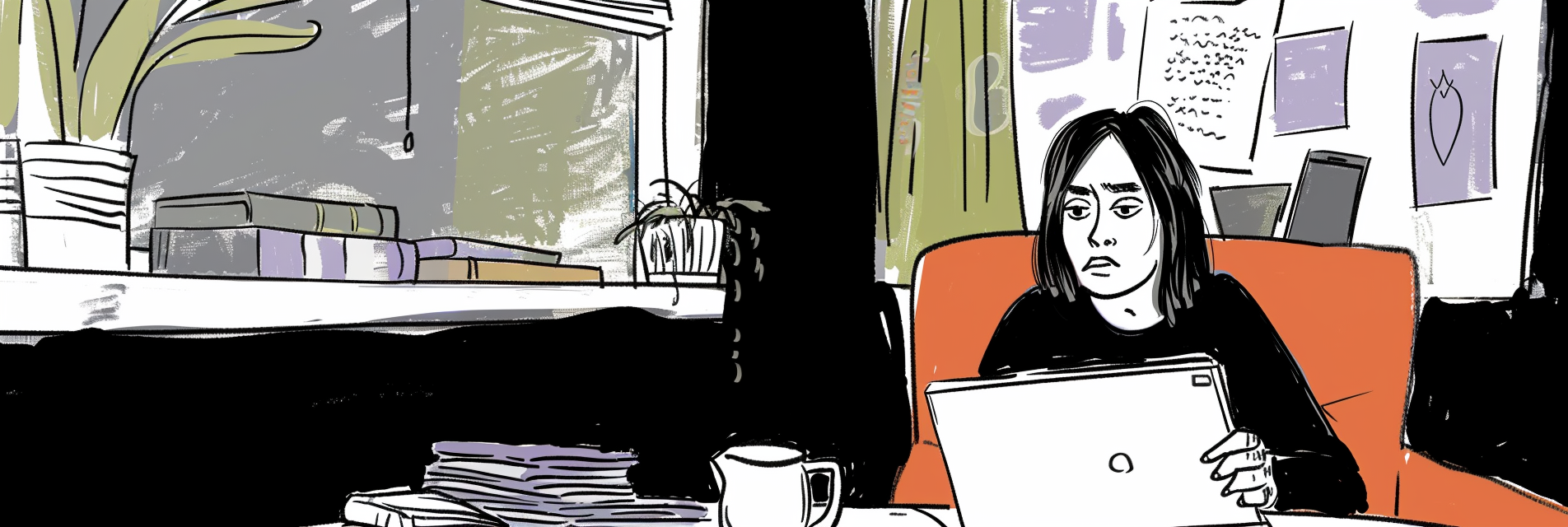 Young woman sitting in front of laptop staring into the distance