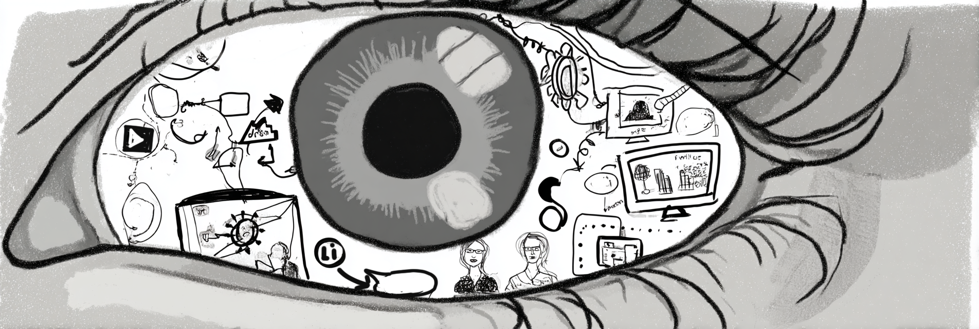 Drawing of an eye with a systems diagram etched upon the white