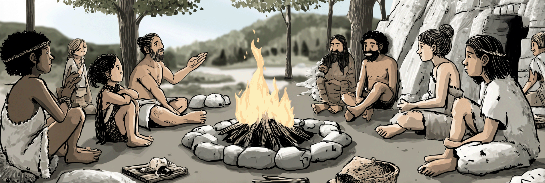 Early humans sitting around a campfire listening to a storyteller