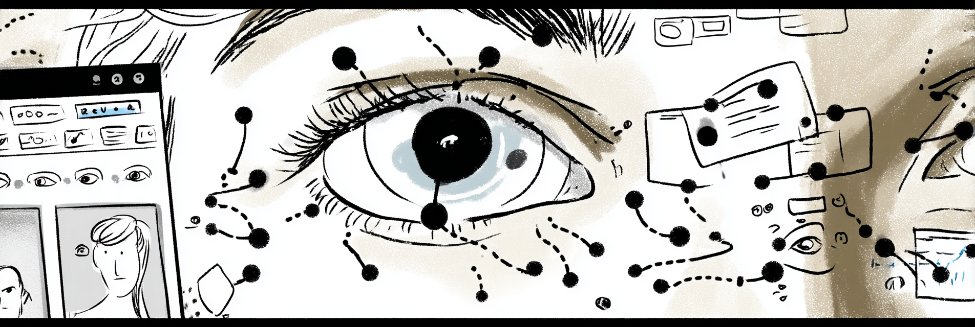Image shows a drawing of a human eye with a range of dots and arrows indicating eye-tracking patternss