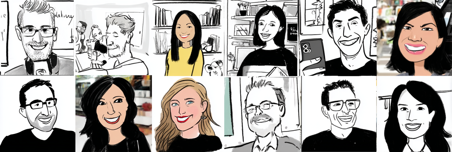 Images of 12 bloggers arranged in a 6 by 2 table