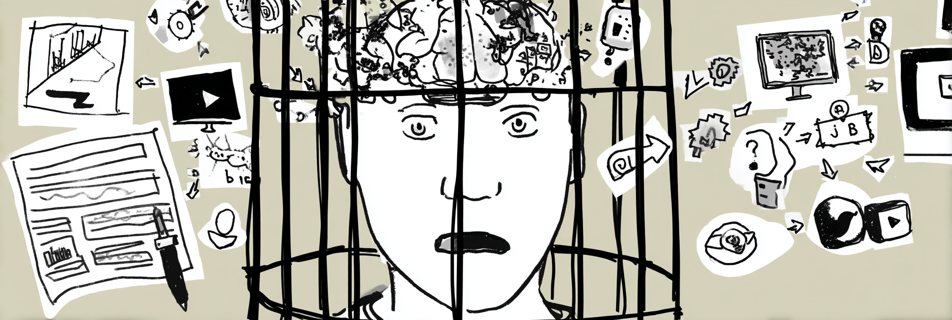 A human head trapped in a cage surrounded by symbols of digital content