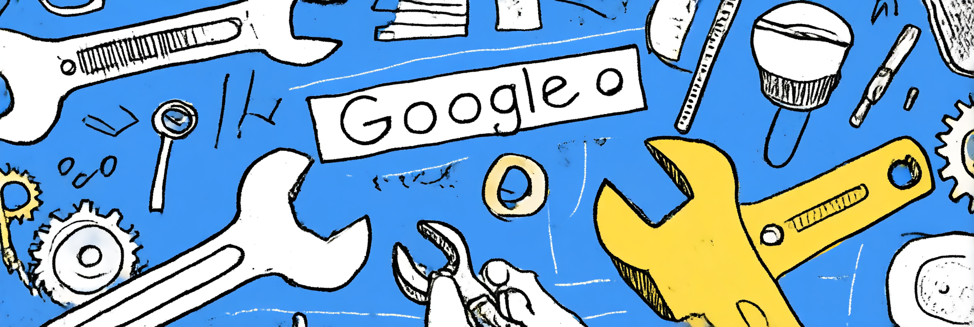 Image shows a range of tools including spanners around a metal plaque with 'Google' written on it