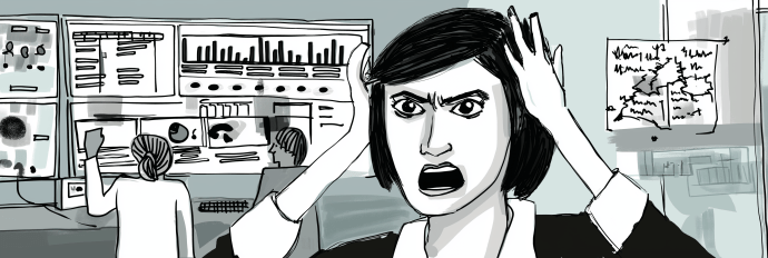 u2436876235_Black-and-white_storyboard_drawing_of_an_angry_woma_61cdecad-7813-4fba-ab20-ecb333aa06bd - Runcible Content Frustrated young woman runs hands through her hair with images of data scientists in the background