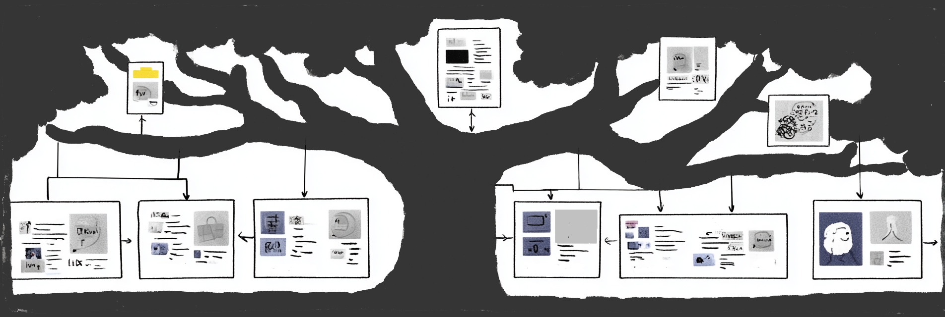 ContentFamilyTree - Runcible Content Image shows the outline of a tree with various digital formats hanging from its branches